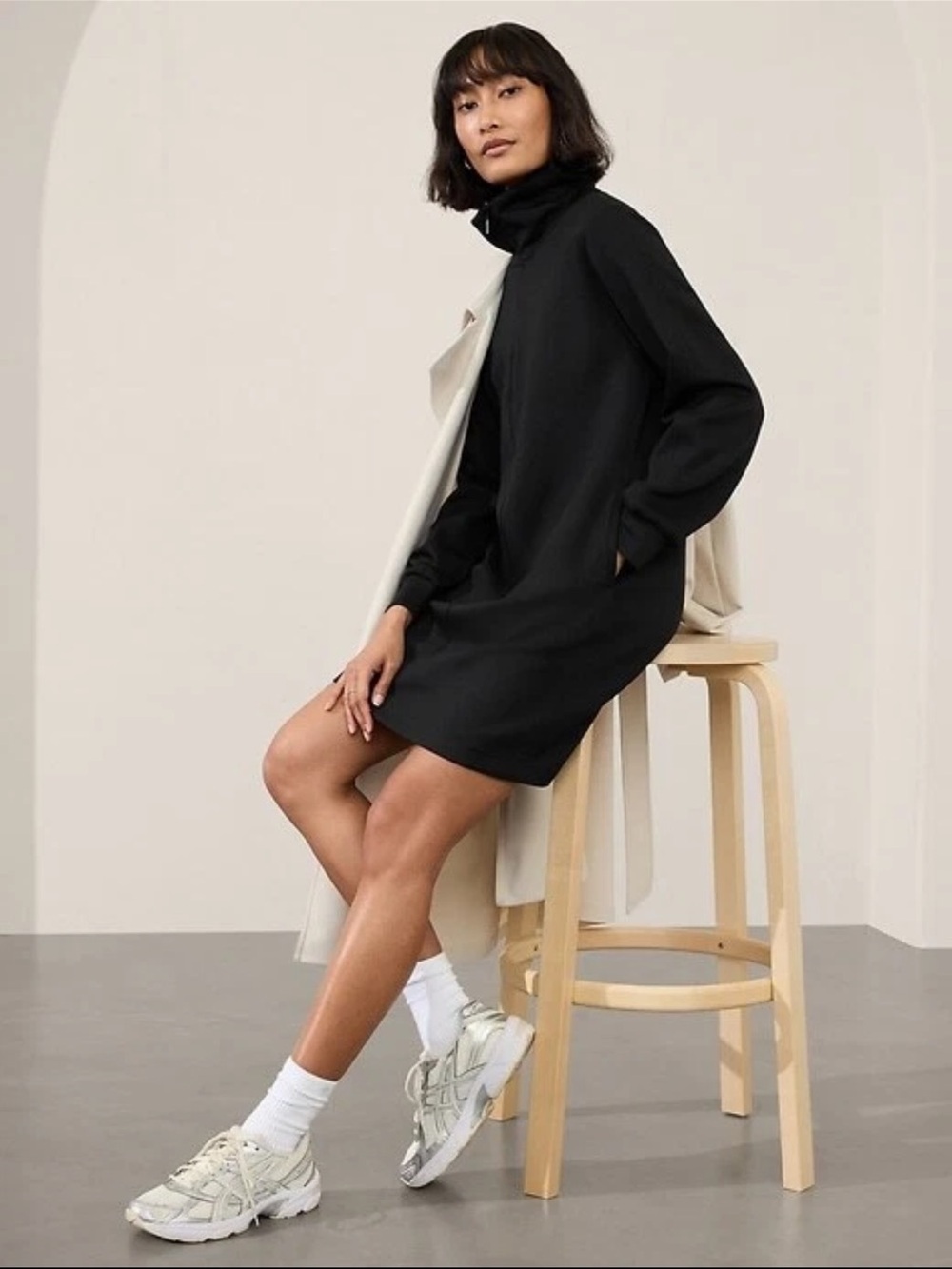 ATHLETA Allure 1/4 zip Black Long Sleeve Mock Neck Tunic sweatshirt Dress size L